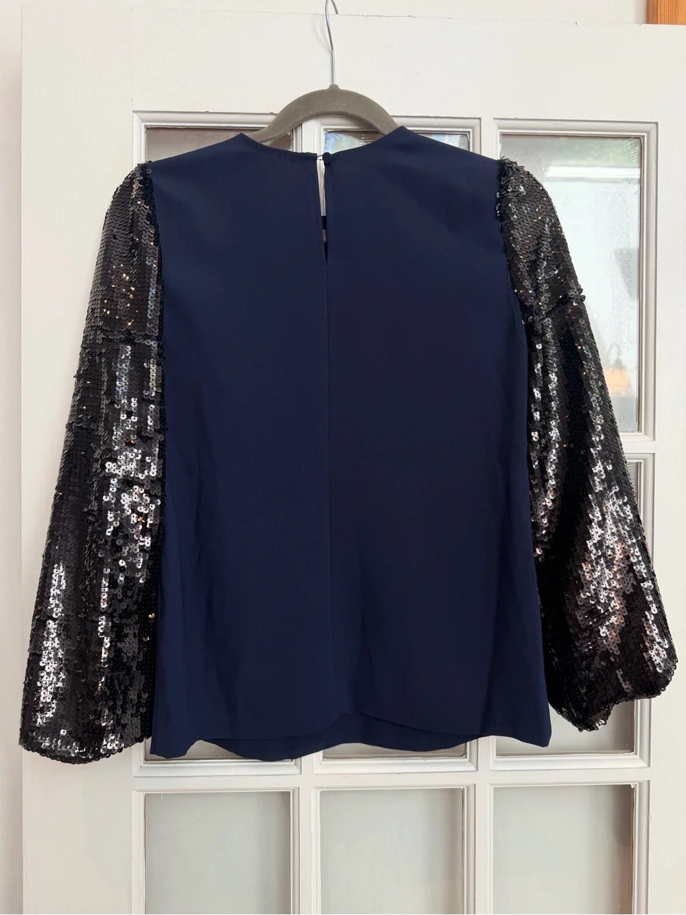 J. Crew Navy Blue Black Sequin Sleeve Formal Party Crepe Blouse Top Size XXS NWT